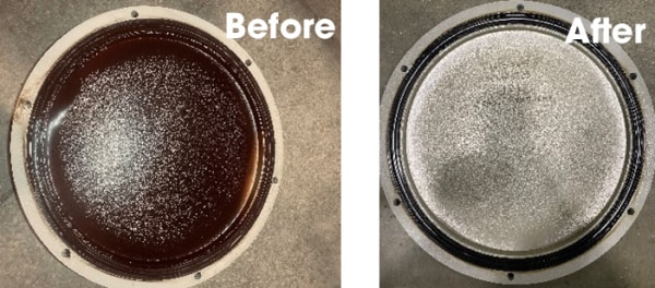 Before and after images of hydraulic oil cleaning
